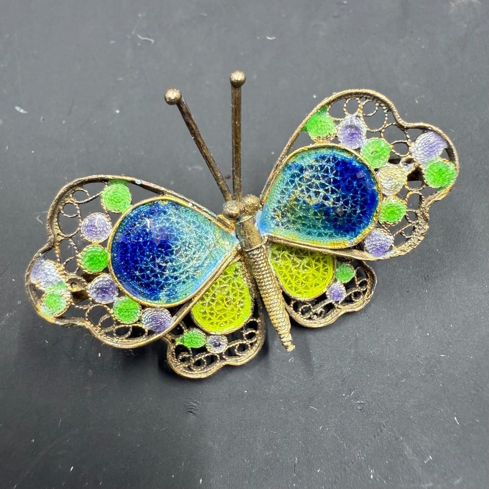 Vintage 800 Silver Filigree Enamel Butterfly Brooch Blue‎ Green Yellow Pin